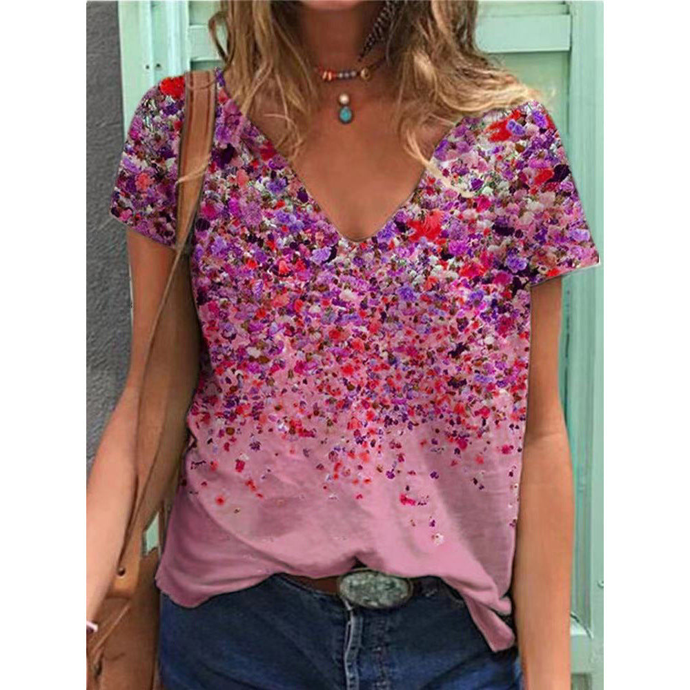 Nouveau T-shirt d'été féminin au style bohème avec col V, manches courtes.