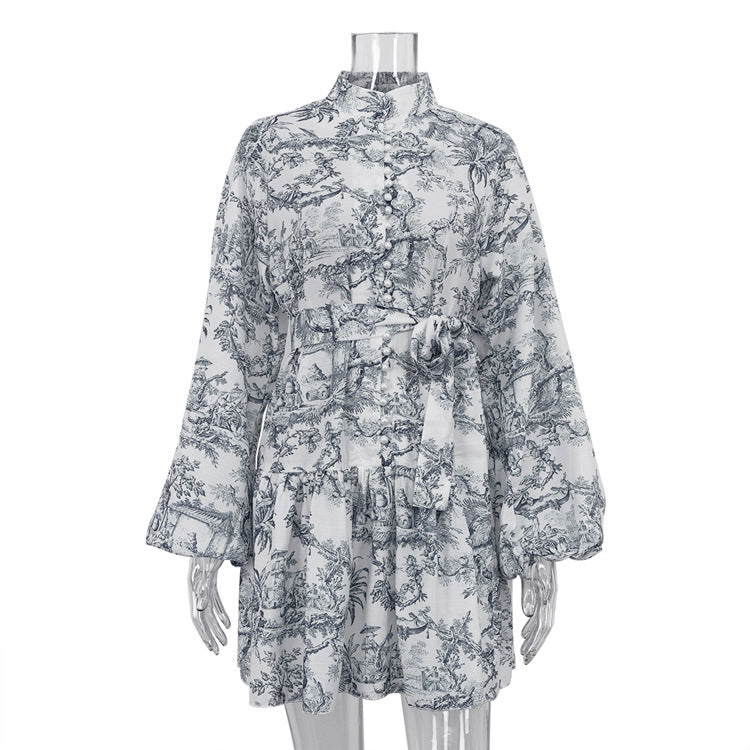 Mini robe plissée à lacets pour femmes, col montant, manches bouffantes, mode féminine élégante,
