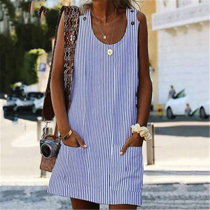 Robe d'Été Femme Chic 2025, Rayée, Sans Manches, Coupe Droite & Poches Pratiques