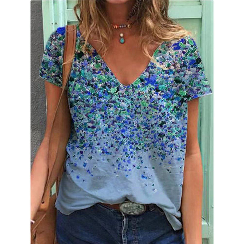 Nouveau T-shirt d'été féminin au style bohème avec col V, manches courtes.