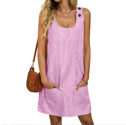 Robe d'Été Femme Chic 2025, Rayée, Sans Manches, Coupe Droite & Poches Pratiques