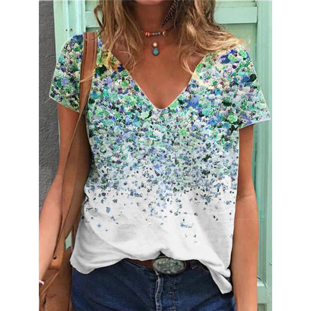 Nouveau T-shirt d'été féminin au style bohème avec col V, manches courtes.