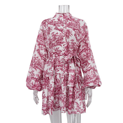 Mini robe plissée à lacets pour femmes, col montant, manches bouffantes, mode féminine élégante,