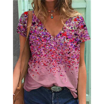Nouveau T-shirt d'été féminin au style bohème avec col V, manches courtes.