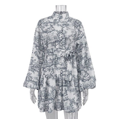 Mini robe plissée à lacets pour femmes, col montant, manches bouffantes, mode féminine élégante,