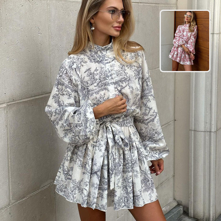 Mini robe plissée à lacets pour femmes, col montant, manches bouffantes, mode féminine élégante,