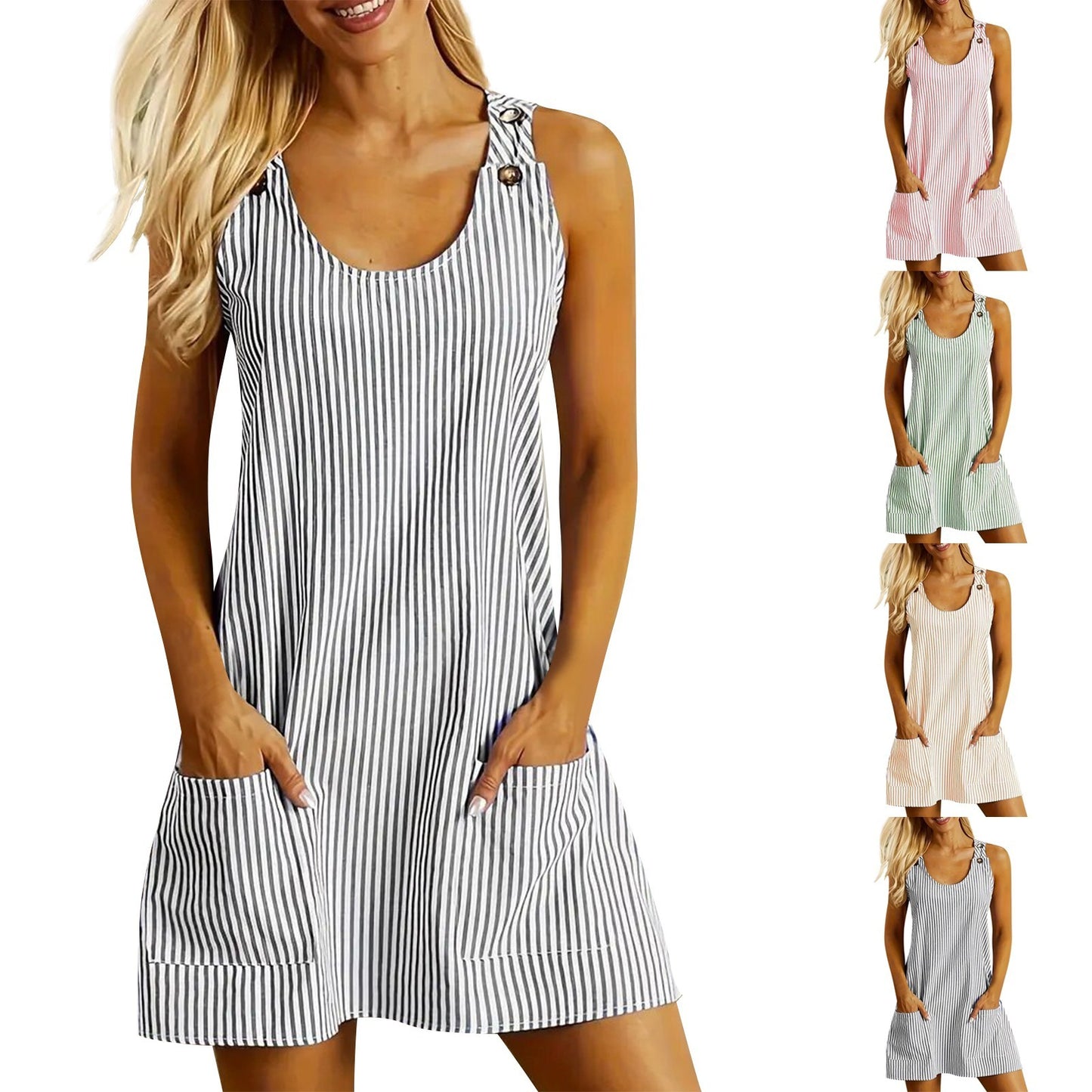 Robe d'Été Femme Chic 2025, Rayée, Sans Manches, Coupe Droite & Poches Pratiques