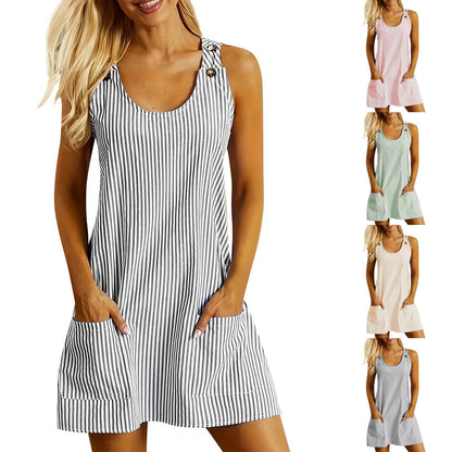 Robe d'Été Femme Chic 2025, Rayée, Sans Manches, Coupe Droite & Poches Pratiques