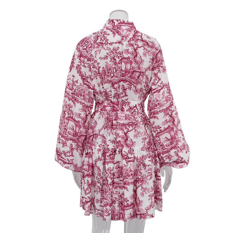 Mini robe plissée à lacets pour femmes, col montant, manches bouffantes, mode féminine élégante,