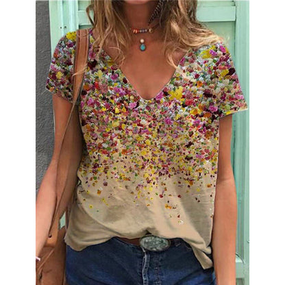 Nouveau T-shirt d'été féminin au style bohème avec col V, manches courtes.