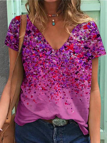 Nouveau T-shirt d'été féminin au style bohème avec col V, manches courtes.